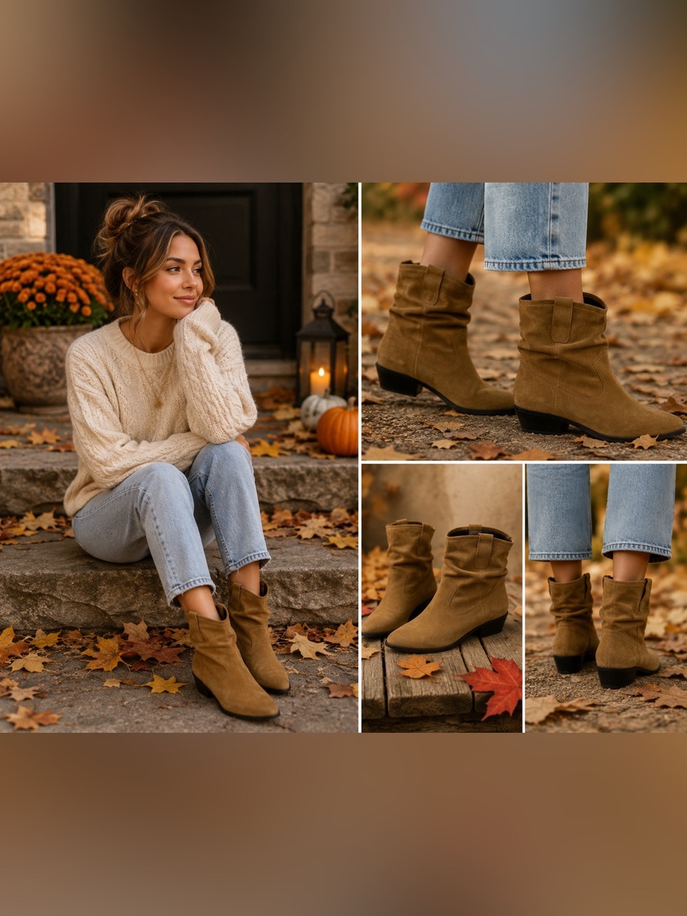 Anthropologie Tan Suede Slouch Western Ankle Boots EU 38
